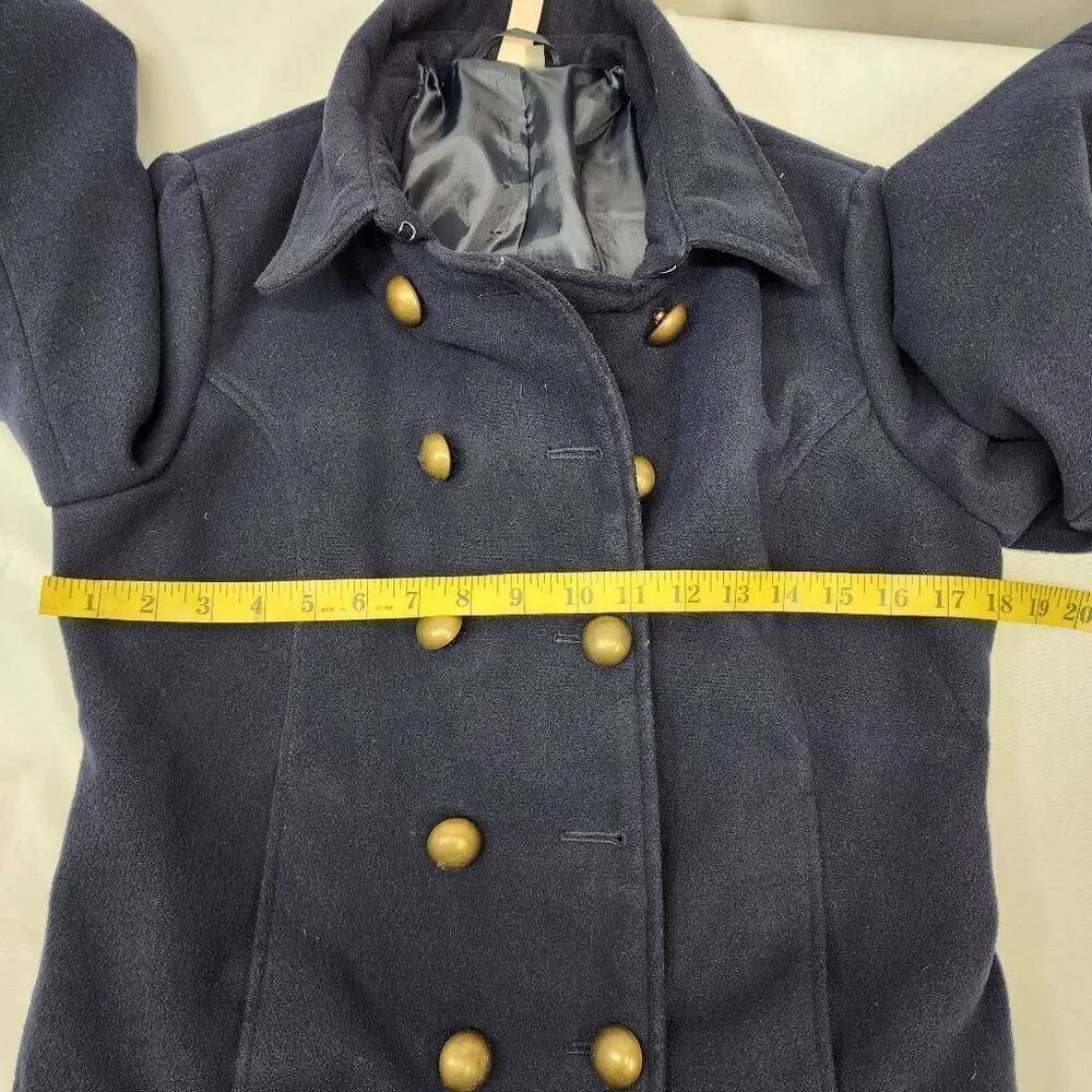 Prévue Navy Ruffle Hem Peacoat Jacket Medium Gold Button Double Breasted - Picture 4 of 8